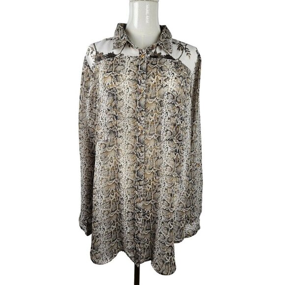 Figueroa & Flower Size XL Button Snakeskin Floral Tan Semi Sheer Blouse Western - Picture 3 of 8